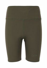Shorts extensibles verts, arrivant au genou, fabriqués en tissu lisse ; dotés d'une large ceinture et de coutures nettes. Logo imprimé sur le côté.