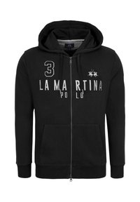 Zwarte zip-up hoodie met een trekkoordcapuchon. Voorzien van voorzakken, "LA MARTINA" opdruk en een nummer "3" ontwerp. Zachte, katoenmix stof.