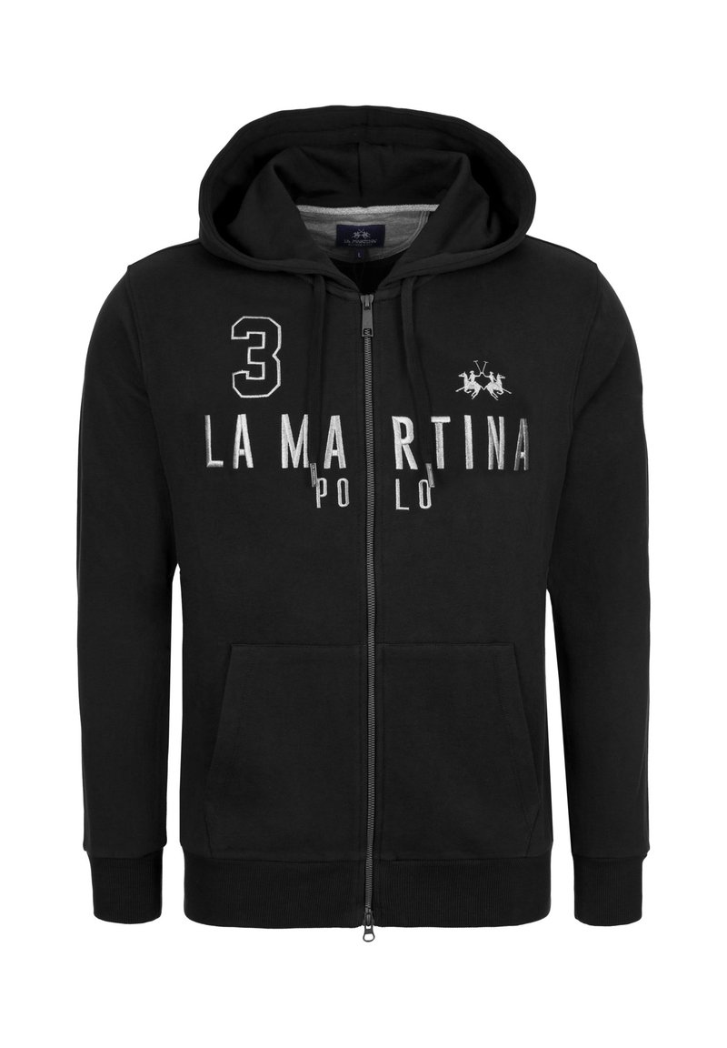Zwarte zip-up hoodie met een trekkoordcapuchon. Voorzien van voorzakken, "LA MARTINA" opdruk en een nummer "3" ontwerp. Zachte, katoenmix stof.