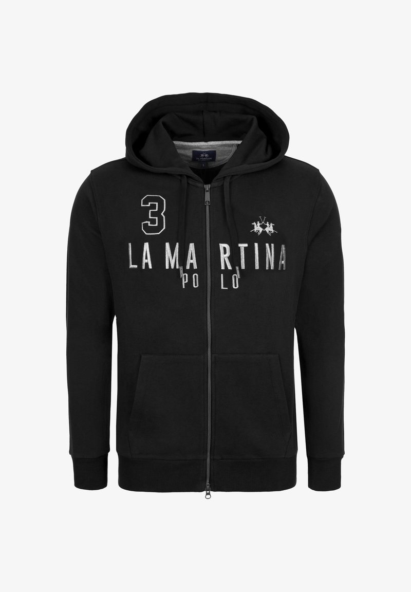 Zwarte zip-up hoodie met een trekkoordcapuchon. Voorzien van voorzakken, "LA MARTINA" opdruk en een nummer "3" ontwerp. Zachte, katoenmix stof.