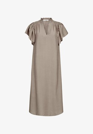 Svijetlosmeđa midi haljina s V-izrezom, nabranoj detaljnom oko vrata i lepršavim rukavima. Izrađena od glatkog, laganog materijala.