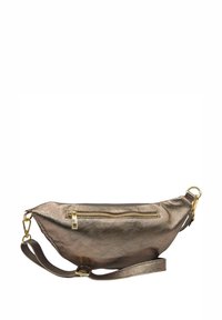 Banane en bronze métallisé fabriquée en matériau texturé, dotée d'une poche zippée à l'avant et d'une sangle détachable avec des accents en métal doré.