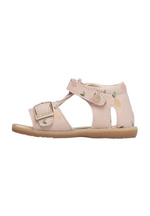 Sandales en cuir rose avec un motif de citron et de feuilles, côtés ouverts, sangle ajustable et semelle plate en caoutchouc beige.