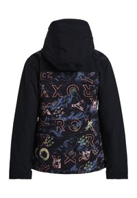 Schwarze Jacke mit Kapuze, auf der Rückseite mit einem bunten Berg- und Buchstabenmuster, aus einem glatten, wasserabweisenden Material gefertigt.