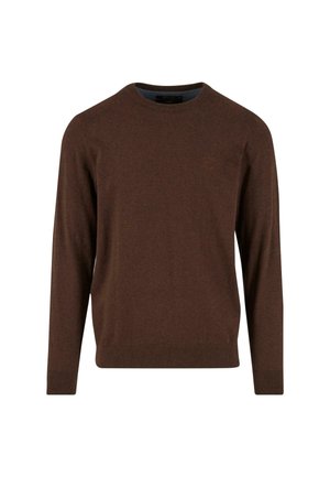 Brauner Pullover mit langen Ärmeln und Rundhalsausschnitt, aus weichem Material gefertigt. Verfügt über gerippte Bündchen und Saum sowie ein dezentes Logo auf der Brust.