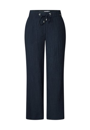Marinblå, vida byxor med en texturerad, ribbad mönstring. Har dragsko i midjan och metallöglor. Lättviktig tyg.
