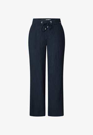 Pantaloni a gamba larga di colore blu navy con un motivo a coste texturizzato. Presentano una vita con cordoncino e occhielli metallici. Tessuto leggero.