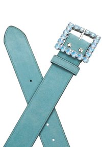 Cinturón de ante turquesa con hebilla cuadrada de plata adornada con strass transparentes, con tres agujeros ajustables para personalizar el tamaño.