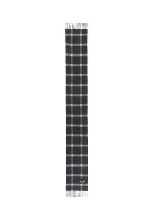 Dark gray wool scarf featuring a white plaid pattern, with fringed edges and a small black label on one side.
