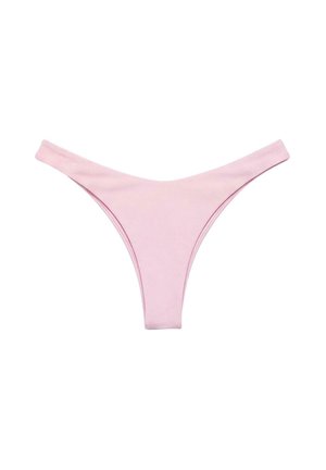 Svetloružové dámske bikiny nohavičky s vysokým strihom, V-tvarovým dizajnom a bezšvovým pásom, zobrazené na bielom pozadí.