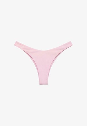Light pink women's bikini bottom with a high-cut, V-shaped design and seamless waistband, displayed on a white background.