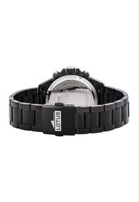 Orologio in acciaio inossidabile nero con bracciale a maglie, funzioni cronografiche e dettagli argentati sulla lunetta e sul fermaglio. Impermeabile fino a 10 ATM.