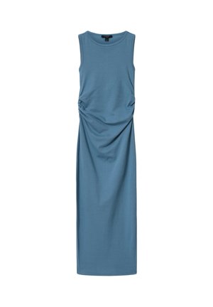 Robe midi bleue sans manches avec col rond et détail froncé sur un côté à la taille.