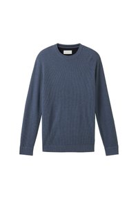 Pull-over tricoté de couleur bleu foncé, avec une texture côtelée, col rond et manches longues. Design simple sans accents supplémentaires.