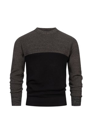 Strikket cardigan med rund hals, grå og sort farveblokdesign, tekstureret øverste sektion og ribkantede manchetter og kant.