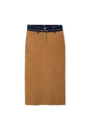 Camelbruine rok tot op de knie met een donkerblauwe denim tailleband, riemlussen, knoopsluiting aan de voorkant en ritssluiting.