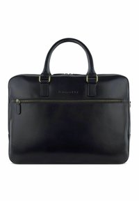 Serviette en cuir noir avec une texture lisse, double poignées supérieures, poche zippée à l'avant et accents matériels minimalistes. Présente un logo embossé.