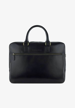 Black leather briefcase with a smooth texture, dual top handles, front zipper pocket, and minimal hardware accents. Features embossed logo.