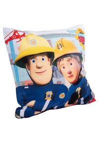 Cushion featuring colorful graphic of two animated firefighters in blue uniforms and yellow helmets, with a red helicopter in the background.