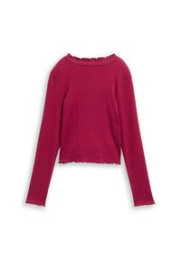 Haut rouge à manches longues, côtelé, avec un décolleté et un ourlet à volants. Design ajusté, longueur courte, texture douce et sans fermetures visibles.