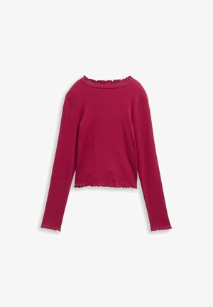 Red, ribbed long-sleeve top with scalloped neckline and hem. Fitted design, cropped length, soft texture, and no visible fastenings.