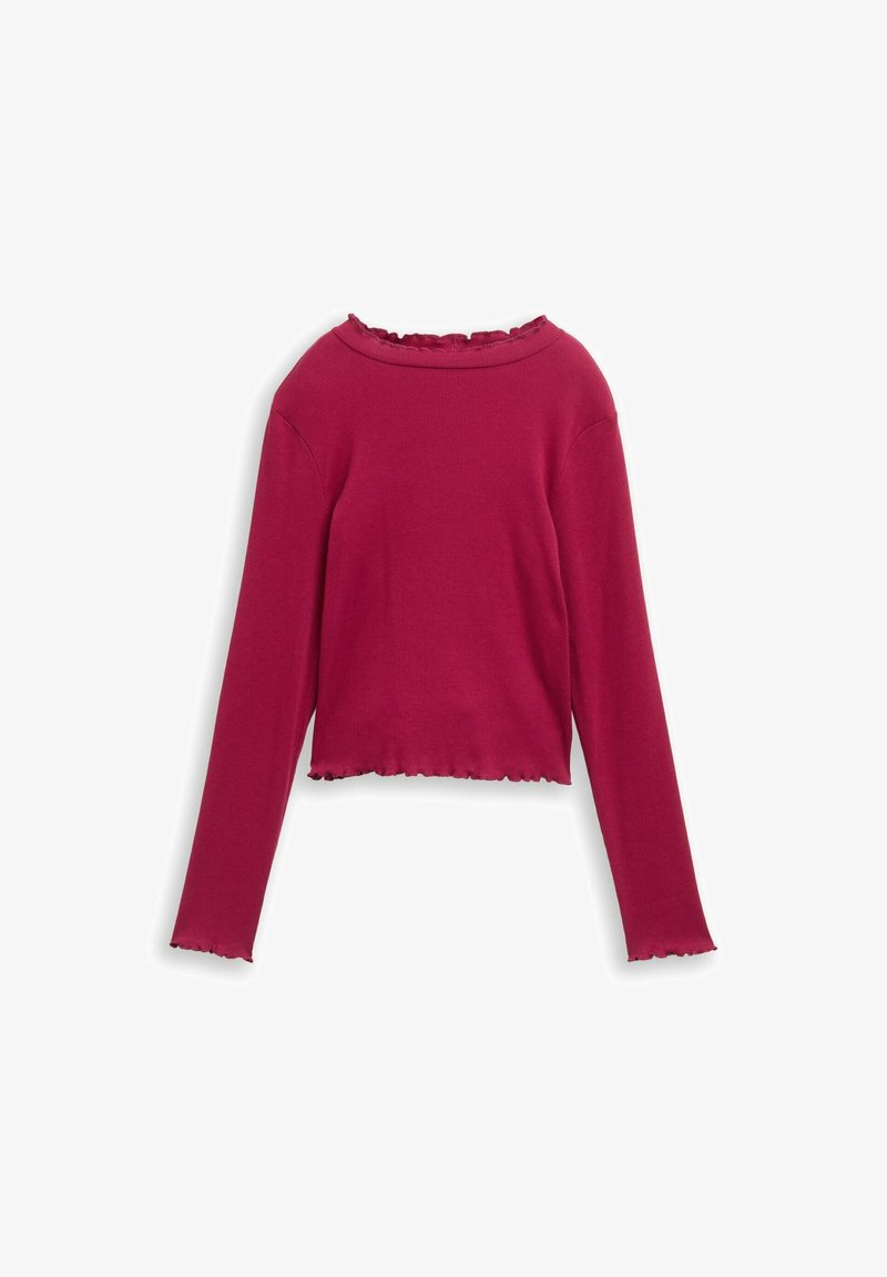Haut rouge à manches longues, côtelé, avec un décolleté et un ourlet à volants. Design ajusté, longueur courte, texture douce et sans fermetures visibles.