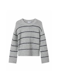 Grau gestrickter Pullover mit horizontalen marineblauen Streifen, runder Ausschnitt und langen Ärmeln, strukturierter Stoff und cropped Design.