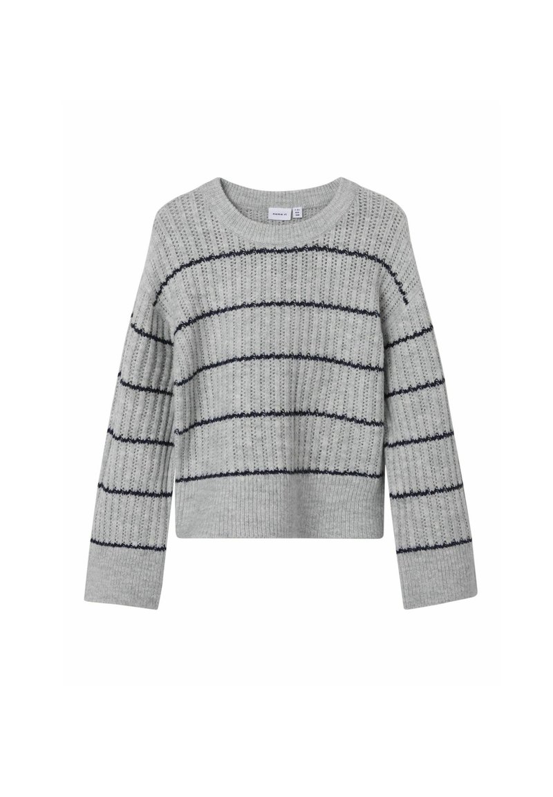 Grau gestrickter Pullover mit horizontalen marineblauen Streifen, runder Ausschnitt und langen Ärmeln, strukturierter Stoff und cropped Design.