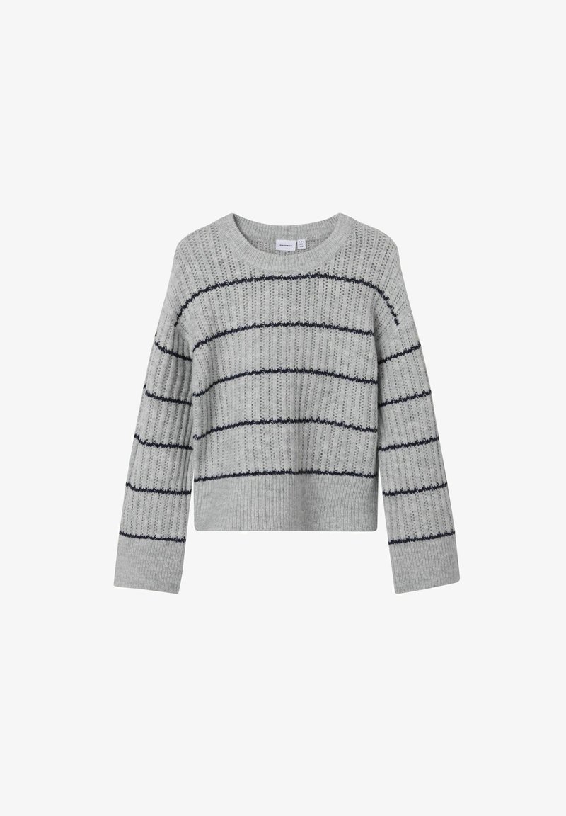 Grau gestrickter Pullover mit horizontalen marineblauen Streifen, runder Ausschnitt und langen Ärmeln, strukturierter Stoff und cropped Design.