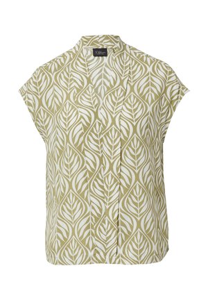 Bluzka krótki rękaw w liściasty wzór, wykonana z miękkiej mieszanki tkanin. Kolory to oliwkowa zieleń i biel, z luźnym krojem.