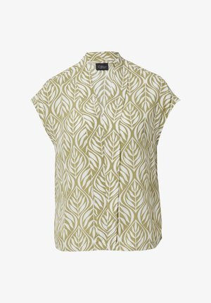 Blouse à manches courtes avec un motif de feuilles, réalisée dans un mélange de tissus doux. Les couleurs incluent le vert olive et le blanc, avec une coupe décontractée.