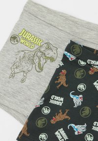 Pantaloni boxer grigi e neri con design di Jurassic World; il grigio presenta una grande grafica di T. rex, mentre il nero mostra molteplici stampe e logo di dinosauri.