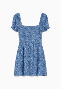 Blå blommig klänning med fyrkantig halsringning, korta puffärmar och en figurnära livstycke som övergår till en utsvängt kjol. Lätt, texturerad tyg.