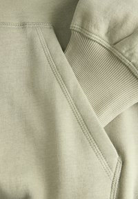 Sudadera verde claro con una textura de tela suave, puños acanalados y detalles de costuras visibles en las mangas y el cuerpo.