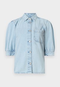 Light blue denim shirt with short puff sleeves, a button-down front, and a chest pocket, presented against a plain white background.