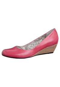 Scarpa con zeppa in pelle rosa, punta arrotondata e tacco in legno texturizzato. Rivestimento interno a fantasia floreale. Superficie esterna liscia.