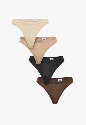 Trzy pary damskich stringów w kolorach jasnobeżowym, średniobrązowym, czarnym i ciemnobrązowym. Każda z nich posiada elastyczny pasek z logo marki.