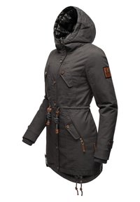 Dark grey parka jacket with a hood, featuring brown accents, multiple pockets, a drawstring waist, and ribbed cuffs. Textured fabric surface.