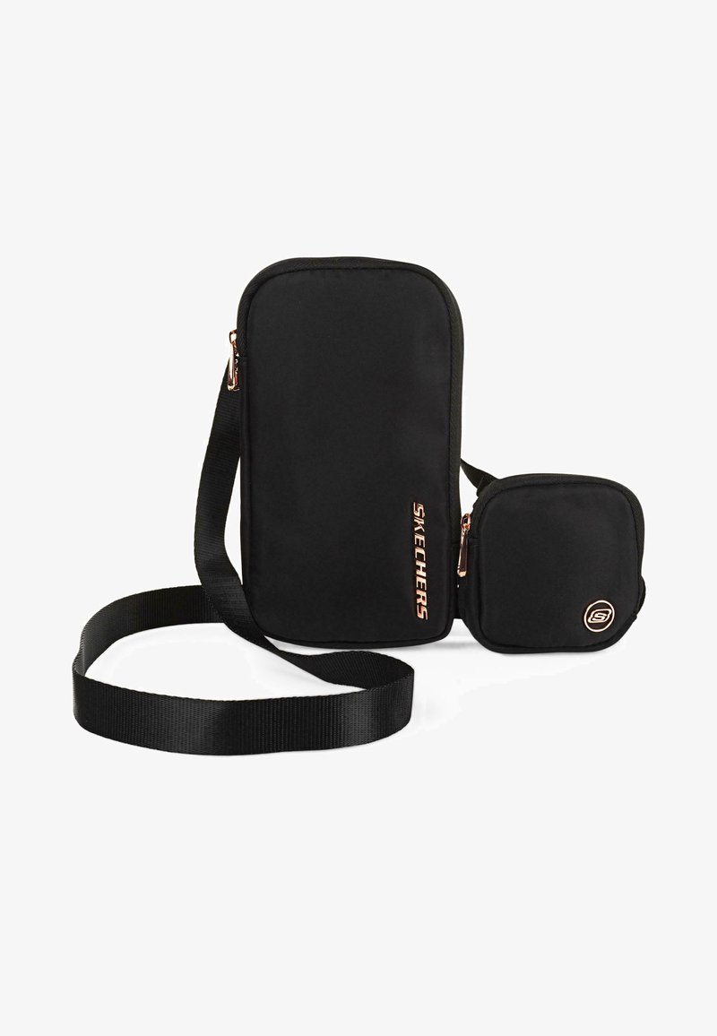 Bolso cruzado de nylon negro con correa ajustable, compartimento principal con cremallera y un pouch pequeño desmontable con un logo en oro rosa.