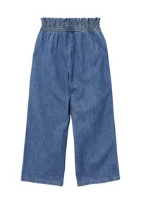 Culottes en denim avec une taille élastique froncée. Présentent un délavage bleu, une coupe ample et des bords finition propre. Sans poches ni embellissements.