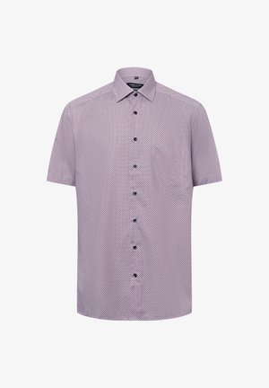 Kurzärmliges Hemd mit Knopfverschluss und geometrischem Muster in Rot und Marine, aus leichtem Stoff gefertigt, mit einer Tasche auf der linken Brust.