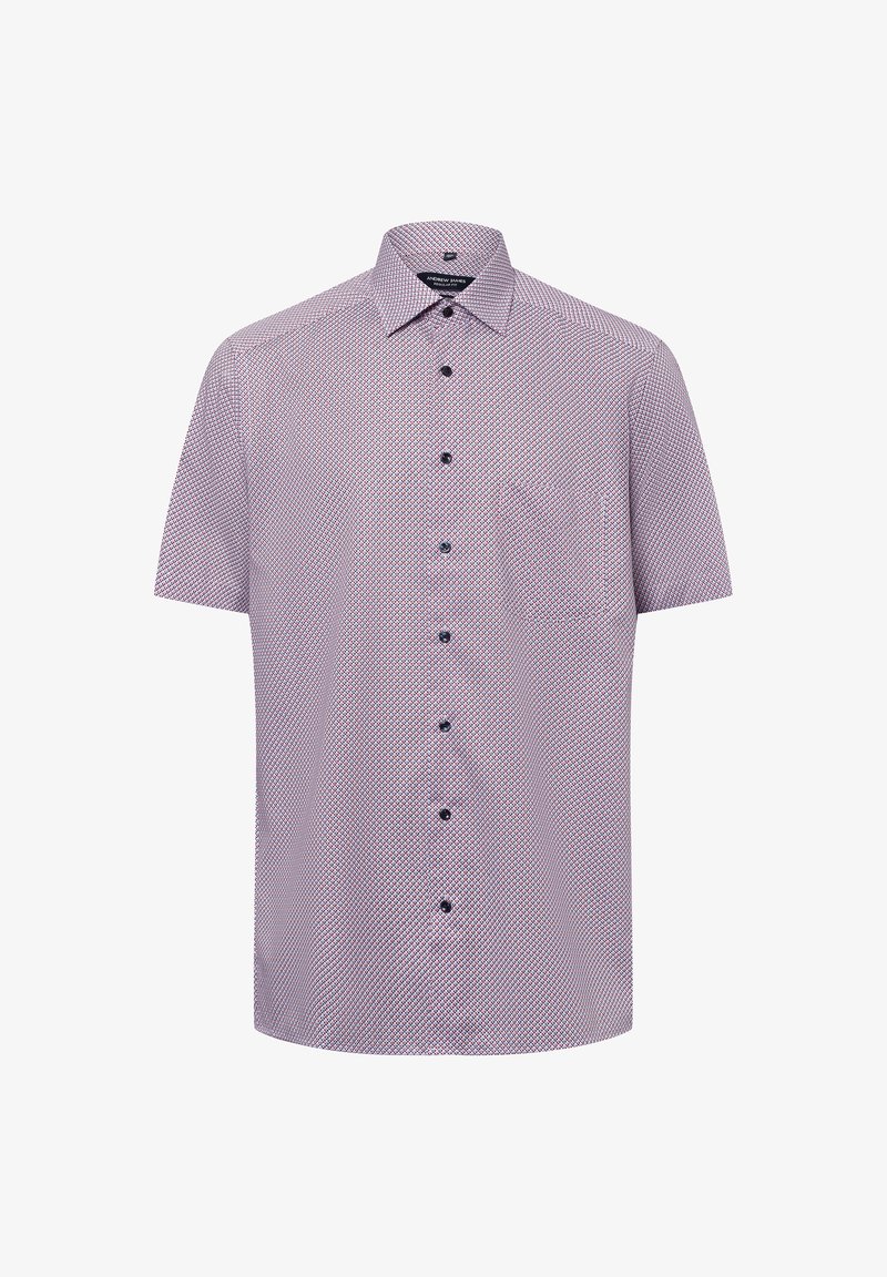 Kurzärmliges Hemd mit Knopfverschluss und geometrischem Muster in Rot und Marine, aus leichtem Stoff gefertigt, mit einer Tasche auf der linken Brust.