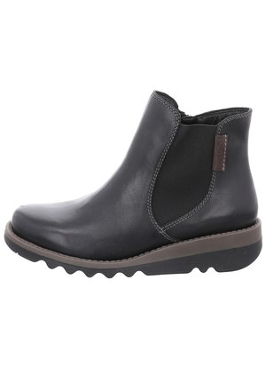 Black leather ankle boot with elastic side panel, brown sole trim, and wavy black rubber outsole for grip.