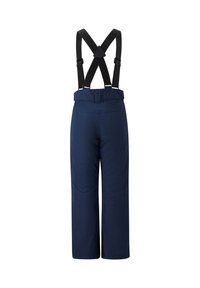 Marineblaue Skihosen mit verstellbaren schwarzen Trägern, weitem Bein und einer glatten, wasserabweisenden Textur, geeignet für Outdoor-Aktivitäten.