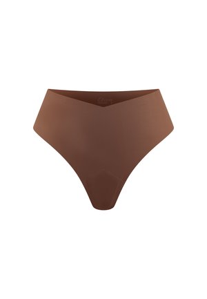 Bezszwowa brązowa damska bielizna z wysokim stanem, gładkim wykończeniem i paskiem w kształcie litery V.