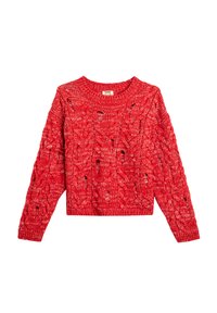 Suéter rojo de punto con diseño de trenzas y secciones de tejido abierto, mangas largas y escote redondeado; acabado texturizado.