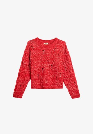 Suéter rojo de punto con diseño de trenzas y secciones de tejido abierto, mangas largas y escote redondeado; acabado texturizado.