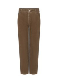 Brune fløjlsbukser med lige pasform, der har en lukning med to knapper, forlommer og et blødt, tekstureret stof.