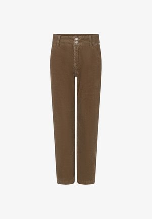 Brune fløjlsbukser med lige pasform, der har en lukning med to knapper, forlommer og et blødt, tekstureret stof.