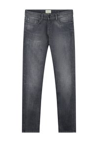 Jeans din denim gri închis, cu un design cu picior drept, textură subtilă, stil cu cinci buzunare și detalii de cusătură minimaliste.